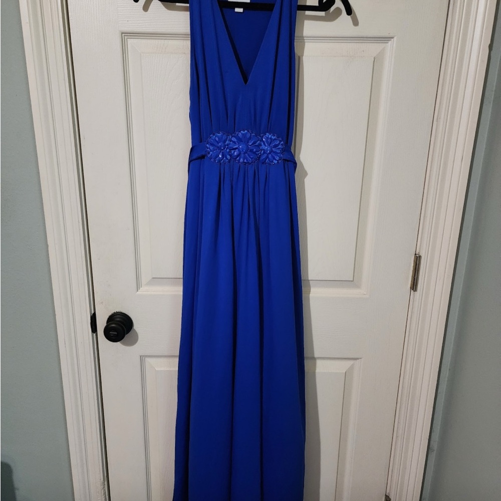 New York & Company Blue V-Neck Sleeveless Gown